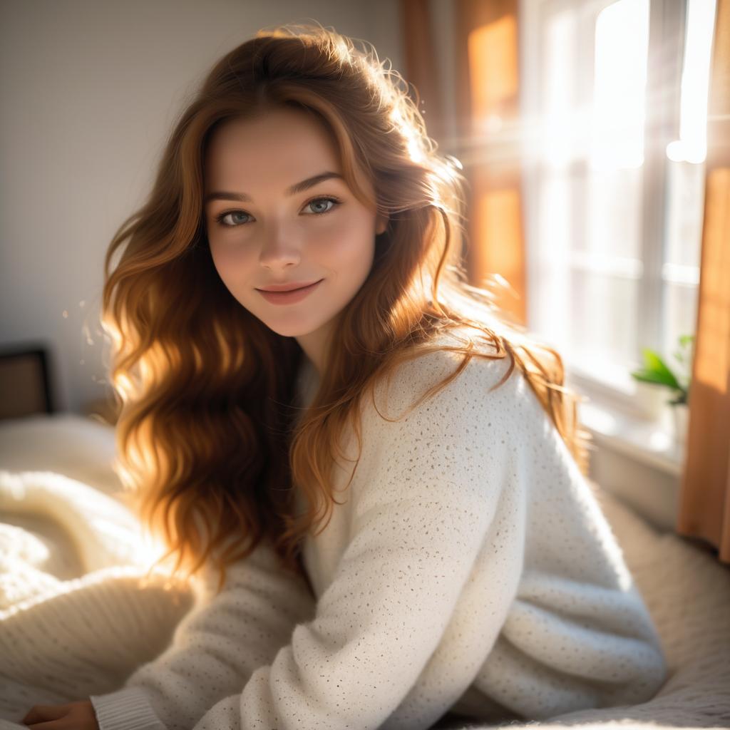 Cozy Young Woman in Sunlit Bedroom