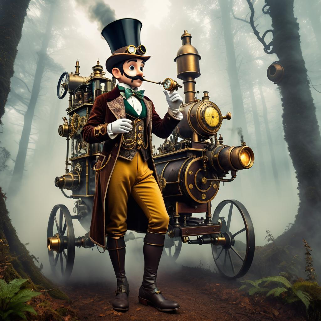 Steampunk Pinocchio in a Foggy Forest