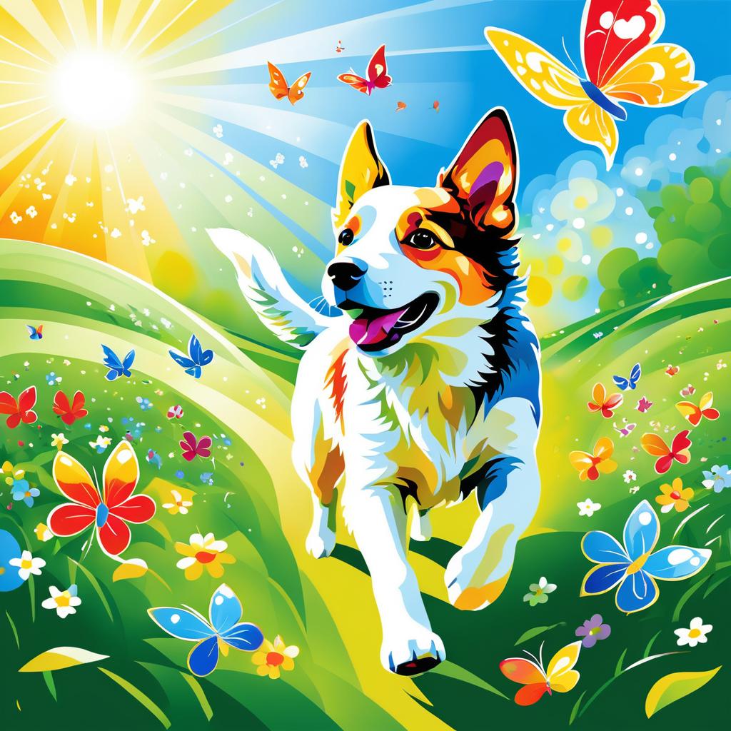 Playful Dog and Butterflies in Chagall Style