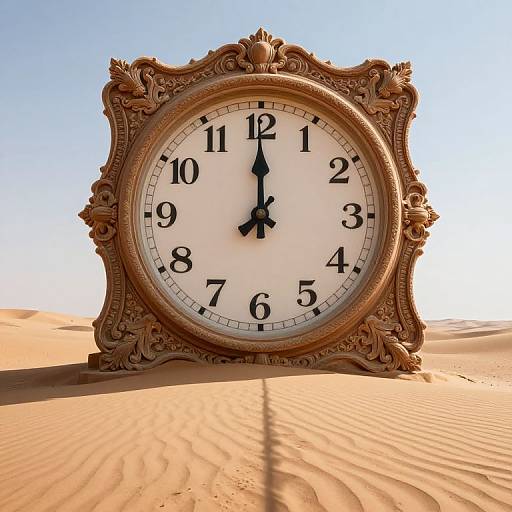 Vintage ornate clock with black numerals and hands, standing in a sunlit, sandy desert, casting a shadow on rippled dunes.