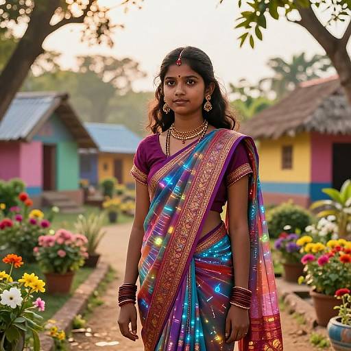 Photograph of an Indian woman in a colorful, sequined sari, standing in a vibrant garden with flower pots, rustic houses, and trees in