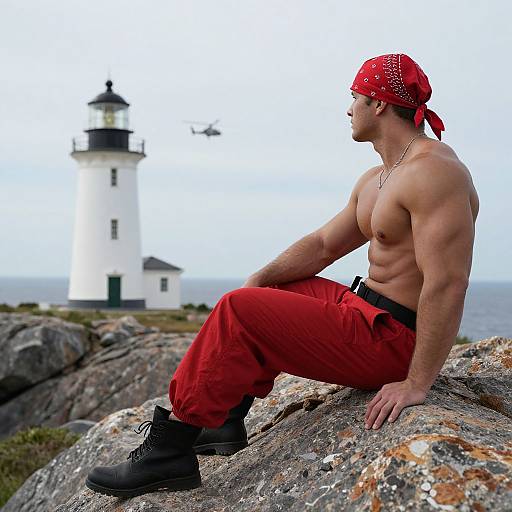 Muscular shirtless man with red bandana, red pants, black boots, and necklace sits on rocks, looking at white lighthouse and hovering helicopter