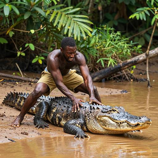 Man Battling Alligator on Riverbank