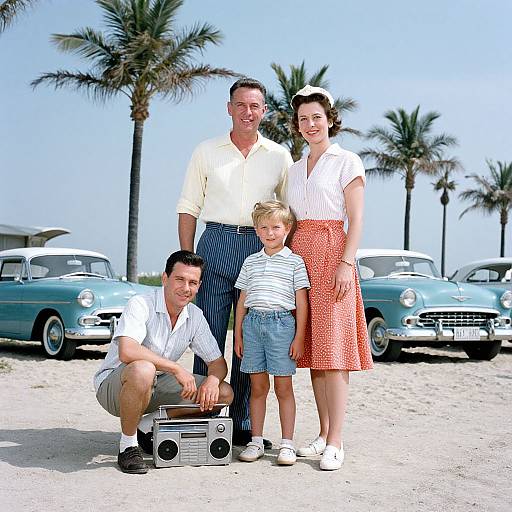 1940s-style family photograph: father in yellow shirt, mother in white blouse and red polka dot skirt, son in striped shirt and shorts,