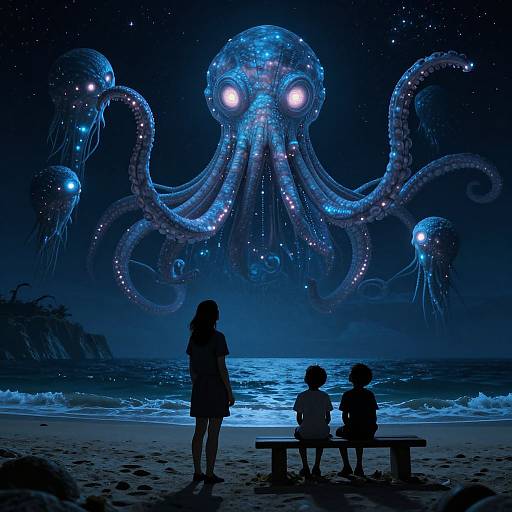 Silhouetted children and woman sit on beach, gazing at glowing blue bioluminescent octopuses with large eyes in starry night