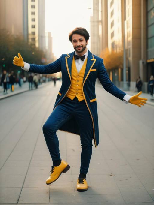 Man in Blue and Yellow One-Legged Costume