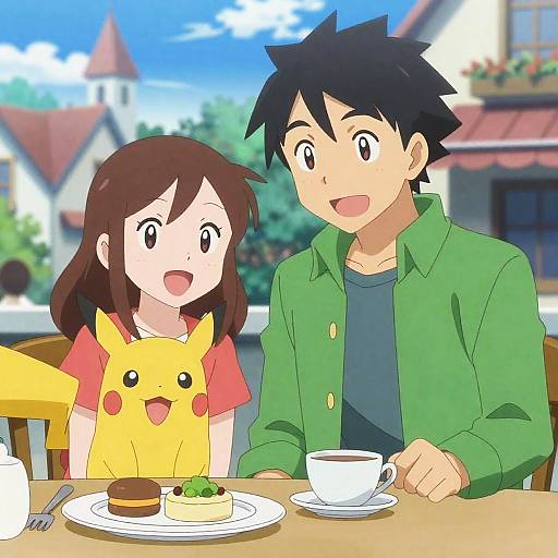 Anime couple dining with Pikachu