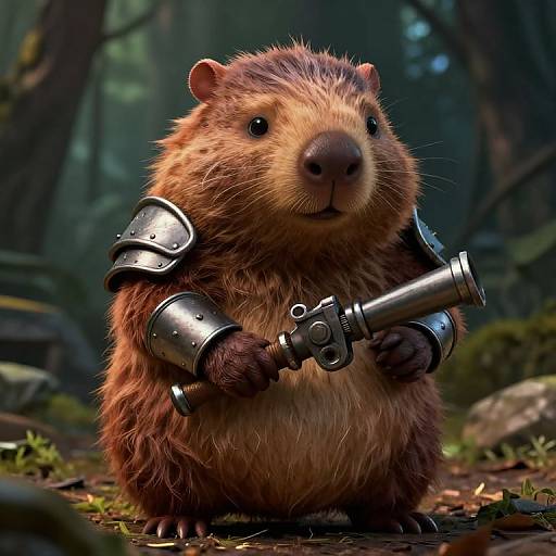 CGI image of a cute, armored brown rodent holding a small, metallic revolver in a mystical, forested background. The rodent's fur
