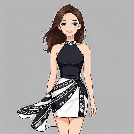 Anime-style digital drawing of a smiling Asian woman with long brown hair, wearing a black halter top and white, black-patterned skirt against a light