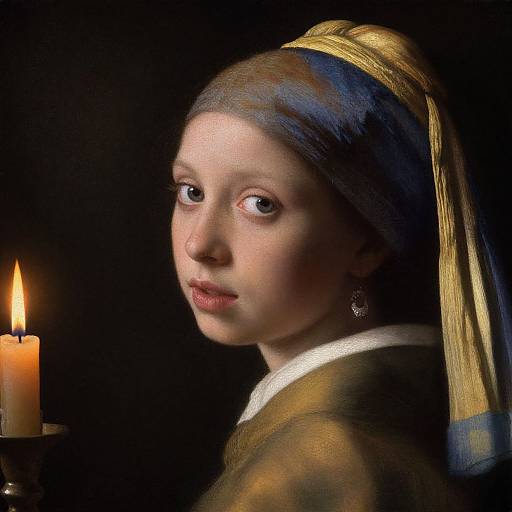 Digital painting of a young girl with fair skin and brown eyes, wearing a blue and gold headscarf, looking over her shoulder at a lit candle