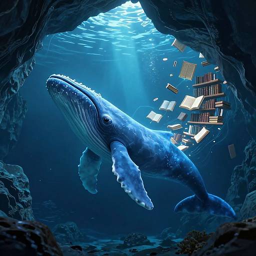 Digital artwork: A massive blue whale swims through an underwater cave, surrounded by floating books illuminated by sunlight beams.