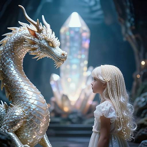 Photograph of a blonde-haired girl in a white dress standing beside a shimmering silver dragon with glowing eyes, illuminated by a crystal-like light in a