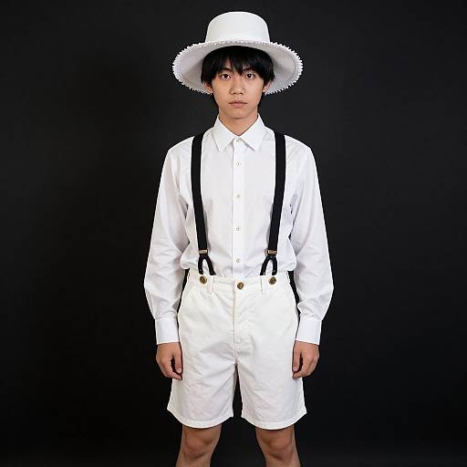 Young Asian man in white outfit, white hat, black suspenders, black background, standing confidently, neutral expression, photograph.