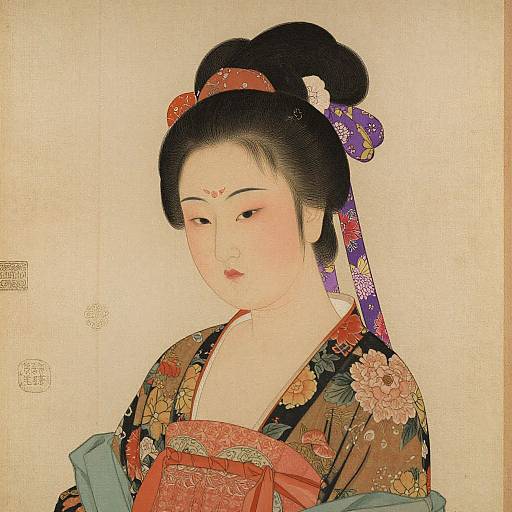 Traditional Japanese woodblock print of a young woman in a floral kimono, red obi, and intricately tied black hair with colorful ribbons.