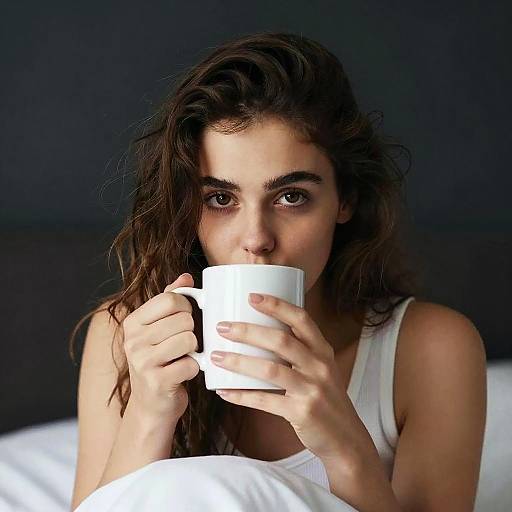 Photograph of a young woman with wavy brown hair, wearing a white tank top, holding a white mug, eyes looking forward, against a dark