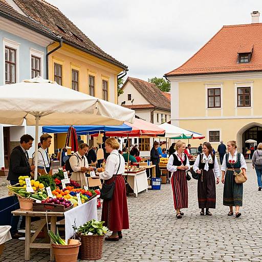Photograph of a vibrant outdoor market in a European village, featuring colorful flower stalls, people in traditional attire, and historic buildings.