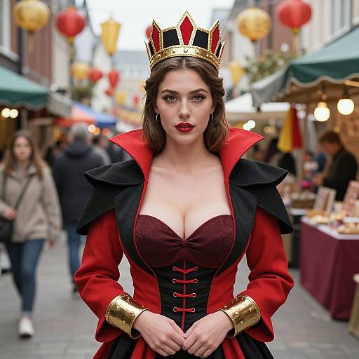 Photograph of a fair-skinned woman with brown hair, wearing a red and black corset dress, gold crown, and cuffs, standing in a
