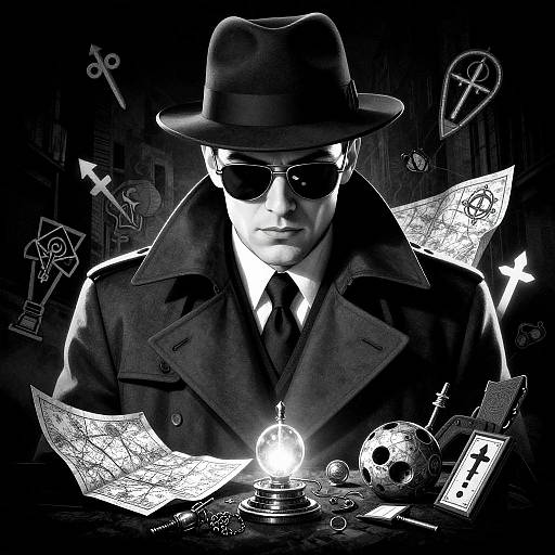 Photograph-style digital illustration of a suave, dark-suited man with fedora and sunglasses, surrounded by maps, keys, and spy gadgets,