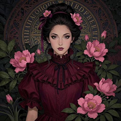 Digital artwork of a pale-skinned woman with dark hair, wearing a ruffled maroon dress, surrounded by pink roses, against a mystical, circular