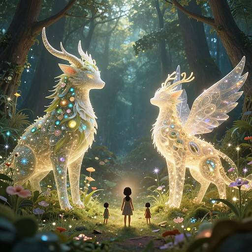 Digital fantasy artwork of two glowing, fairy-like, horned creatures with wings, adorned with colorful lights, standing in a magical forest, with two small