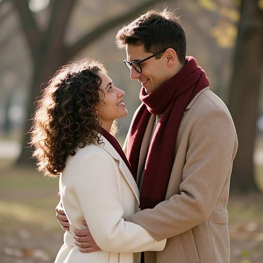 Photograph of a smiling couple in autumn park, woman with curly hair in white coat, man in beige coat and maroon scarf.