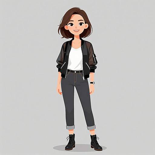 Digital cartoon of a smiling young woman with short brown hair, wearing a black jacket, white shirt, dark pants, and black boots.