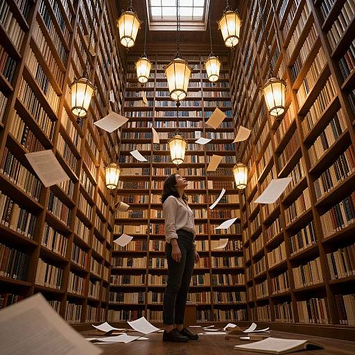 Photograph of a woman in a white blouse and black pants, standing in a dimly-lit, grand library with shelves of books, illuminated by