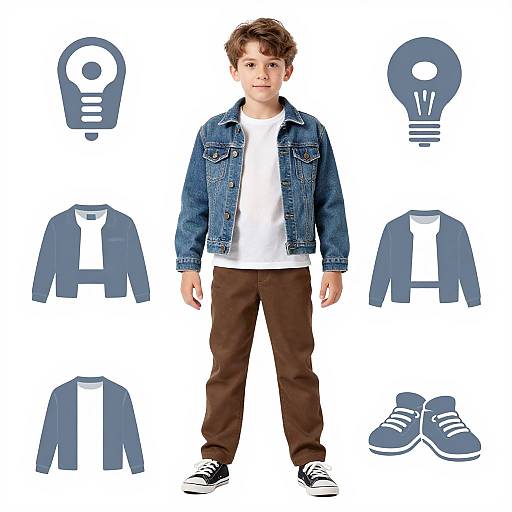 Photograph of a young boy in a blue denim jacket, white shirt, brown pants, and black sneakers, surrounded by various clothing icons.