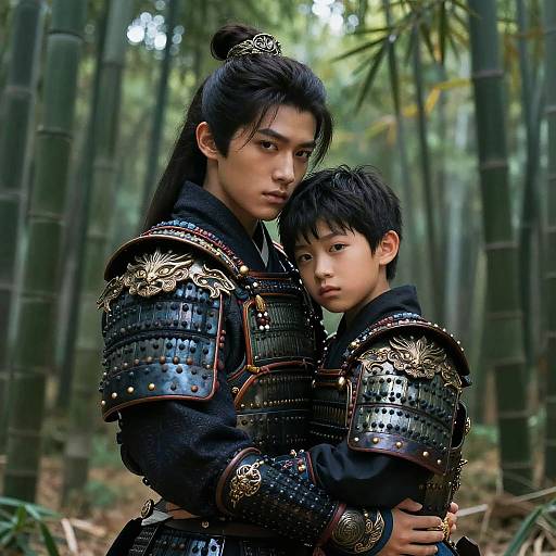 Onyx Samurai Embracing Teenager in Bamboo