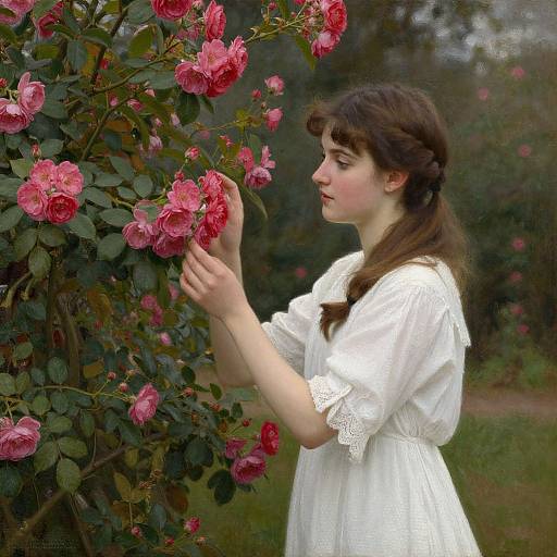 Photograph-style painting of a young woman with fair skin and dark brown hair, wearing a white, lace-trimmed dress, gently touching pink roses