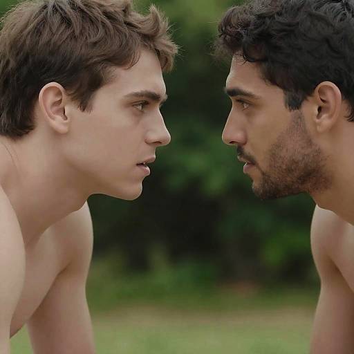 Intense Gaze Between Two Shirtless Men