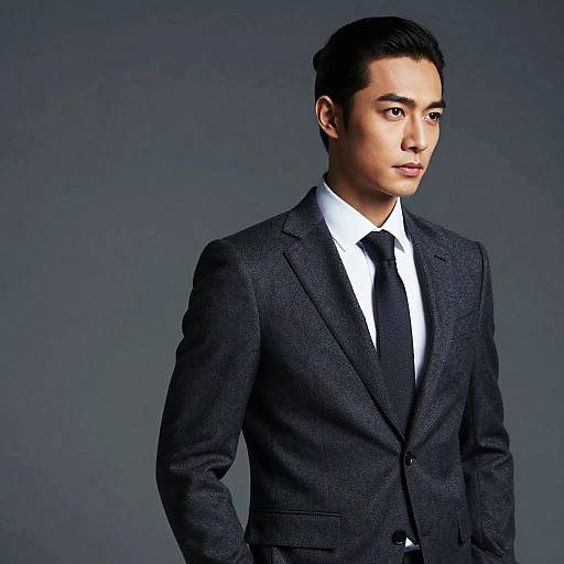 Asian Businessman with Sleek Ponytail in Tailored Suit