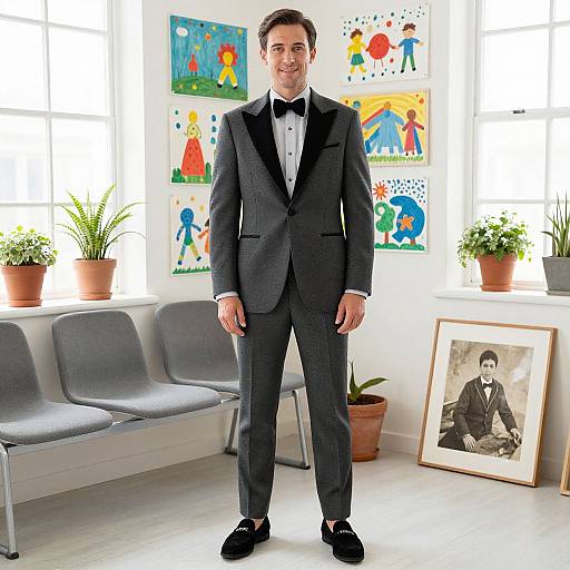 Photograph of a smiling man in a black tuxedo with bow tie, standing in a bright, modern room with colorful child art, potted
