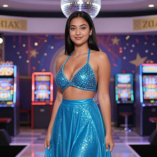 Photograph of a confident young woman with long black hair, wearing a sparkling blue sequin halter top and matching high-waisted skirt, standing