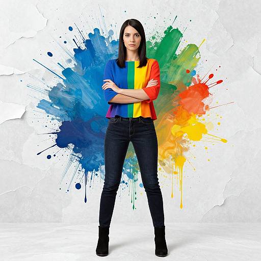 Photograph of a young woman with straight black hair, wearing a rainbow-striped top, black jeans, and black boots, standing confidently against a vibrant paint