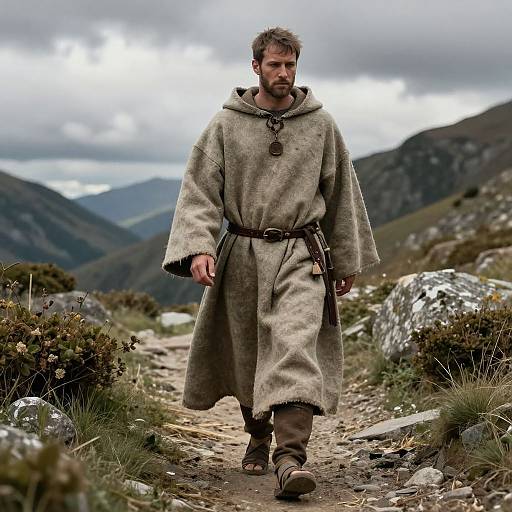 Medieval Pilgrim on Mountain Trail