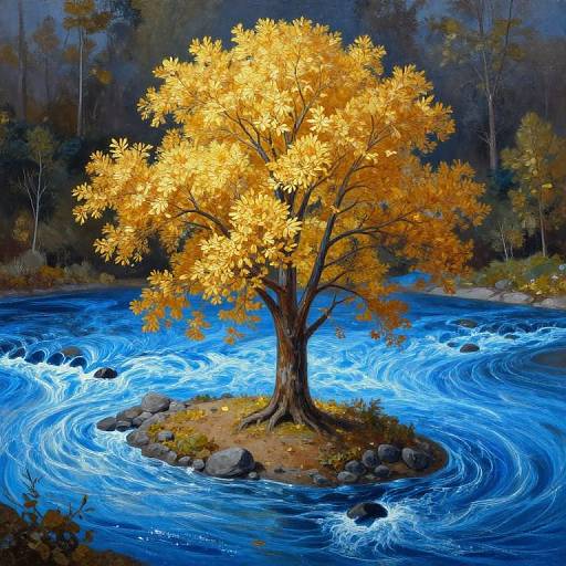 Digital painting of a vibrant yellow-leaved tree on a rocky island in a swirling, bright blue river surrounded by dark forest.