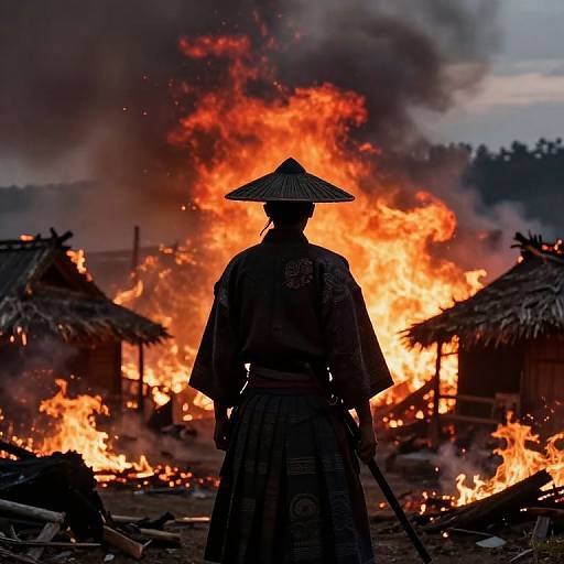 Photograph of a silhouetted samurai with a conical hat, standing before intense, orange flames consuming wooden huts in the background.