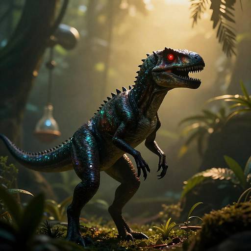 Bioluminescent Dinosaur with Red Eyes in Jungle