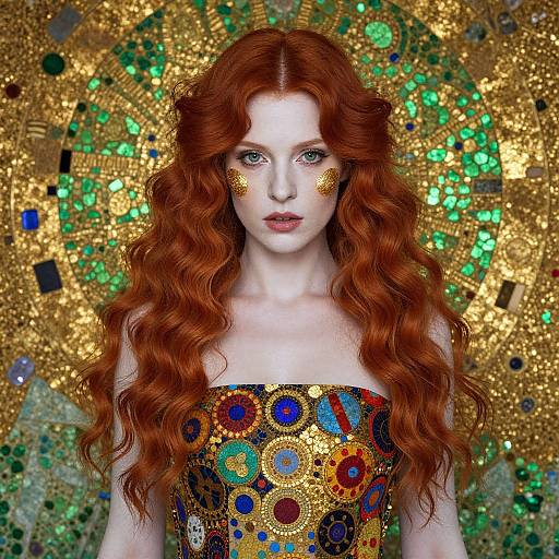 Photograph of a fair-skinned woman with long, wavy red hair, wearing a strapless, multicolored sequin dress, with gold