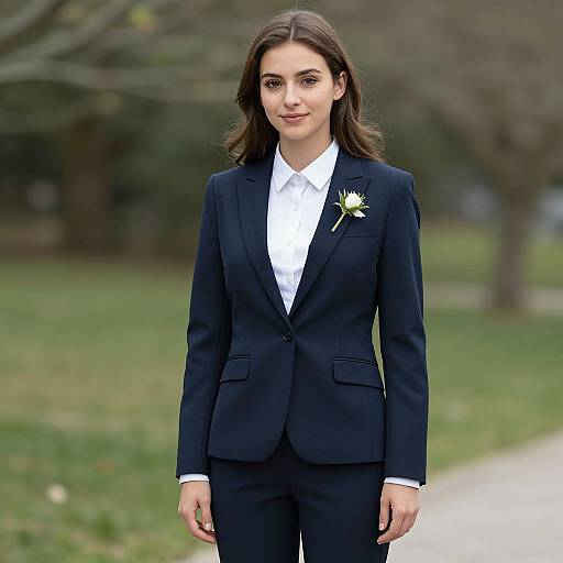Photograph of a young woman with long brown hair, wearing a navy blue suit, white shirt, and single white flower pin, standing in a grass