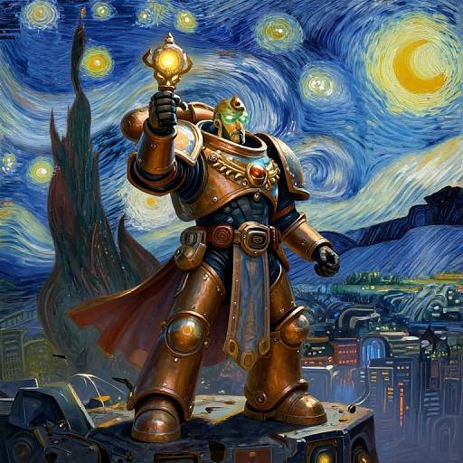 Digital artwork of a robotic warrior holding a glowing orb, standing on a rooftop under a swirling, starry, Vincent van Gogh-inspired night sky.