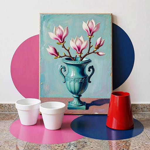 Modern Still Life with Magnolia Painting and Colorful Planters