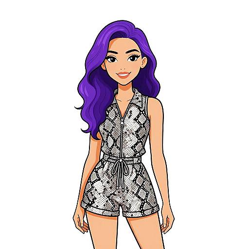 Digital illustration of a smiling woman with long, wavy purple hair, wearing a black and white patterned romper, standing against a white background.