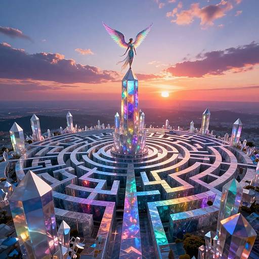Photorealistic digital art of a glowing crystal maze with a winged angel statue at the center, under a vibrant sunset sky.