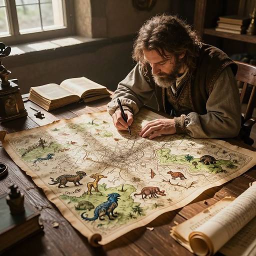 Photograph of a bearded man with long brown hair, wearing medieval attire, meticulously drawing a detailed, colored map of fantastical creatures on a wooden