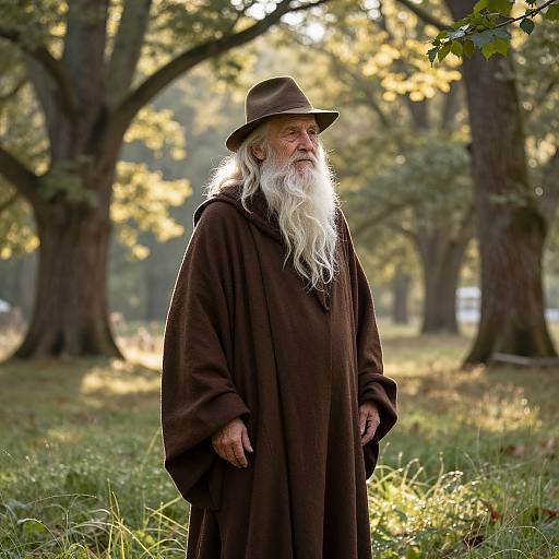 Photograph of an elderly white man with a long white beard, wearing a brown hat and cloak, standing in a sunlit forest.