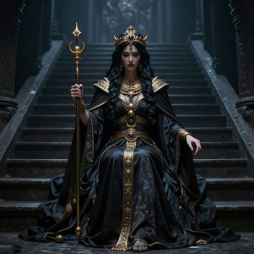 Digital art of a dark-haired queen in a black, gold-accented gown, seated on stone stairs, holding a gold staff, wearing a crown