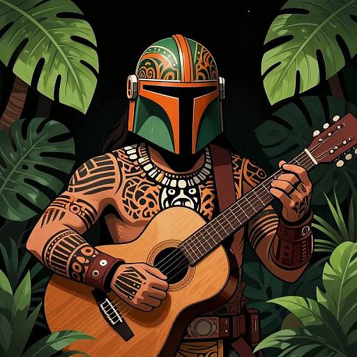 Digital illustration of a tattooed Mandalorian playing an acoustic guitar, wearing a green and orange Mandalorian helmet, surrounded by large green leaves.