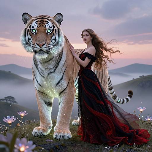 Digital art: Elegant woman in black-red gown touches glowing tiger's shoulder, twilight sky, misty hills, ethereal flowers, surreal beauty.